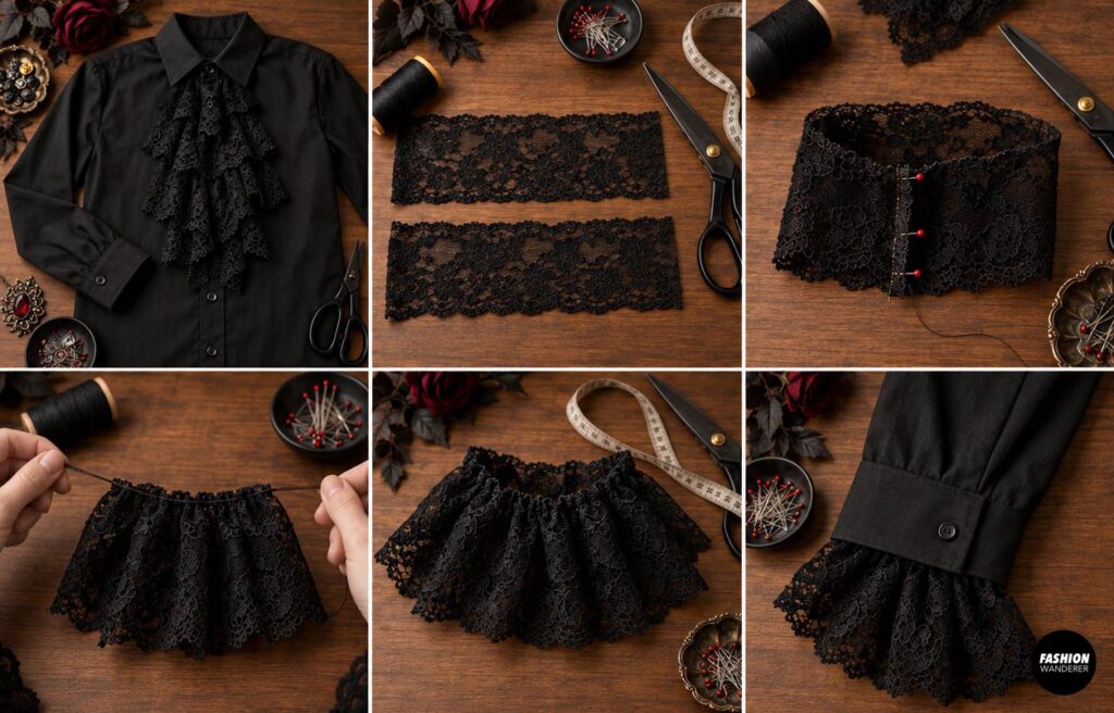 Step-by-step tutorial showing black lace strips gathered into ruffles and sewn beneath the cuffs of a black button-up shirt to create dramatic vampire sleeves.