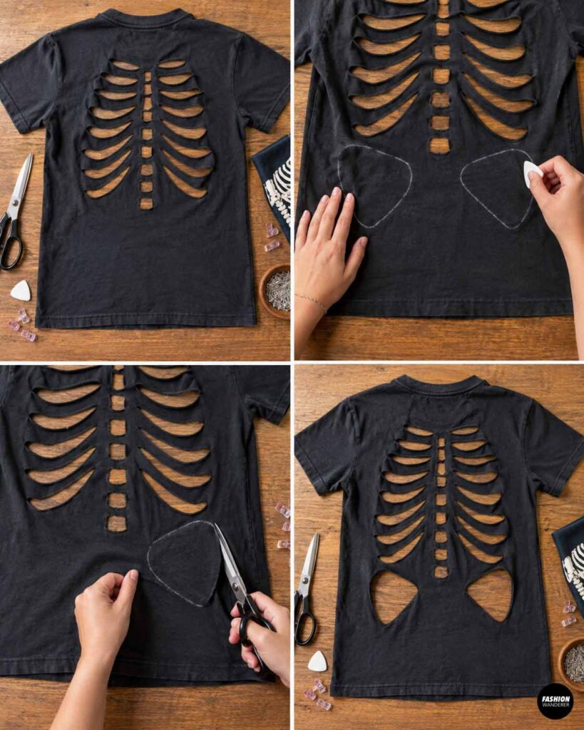 Skeleton-cutout black T-shirt showing chalk-drawn hip bone shapes being carefully cut from the lower back of the shirt.