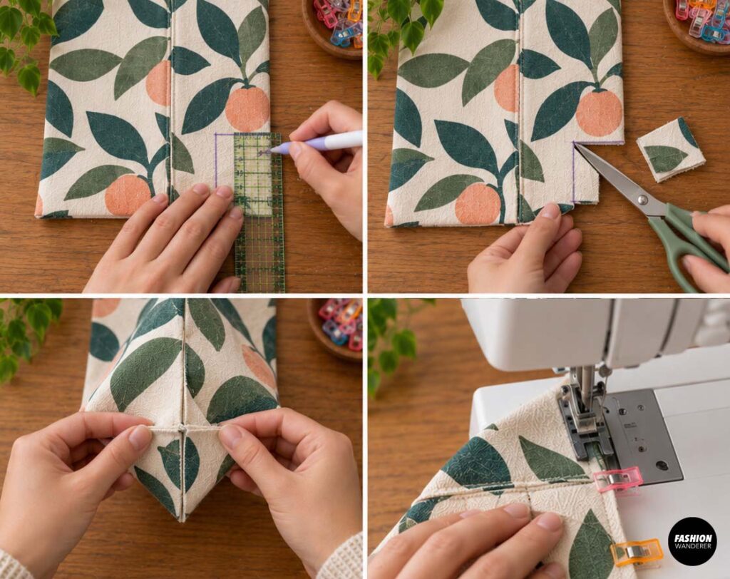 Sewing tutorial collage showing square corners marked and cut from the bottom of a citrus print lunch bag, then aligned and stitched to create a structured boxed base.