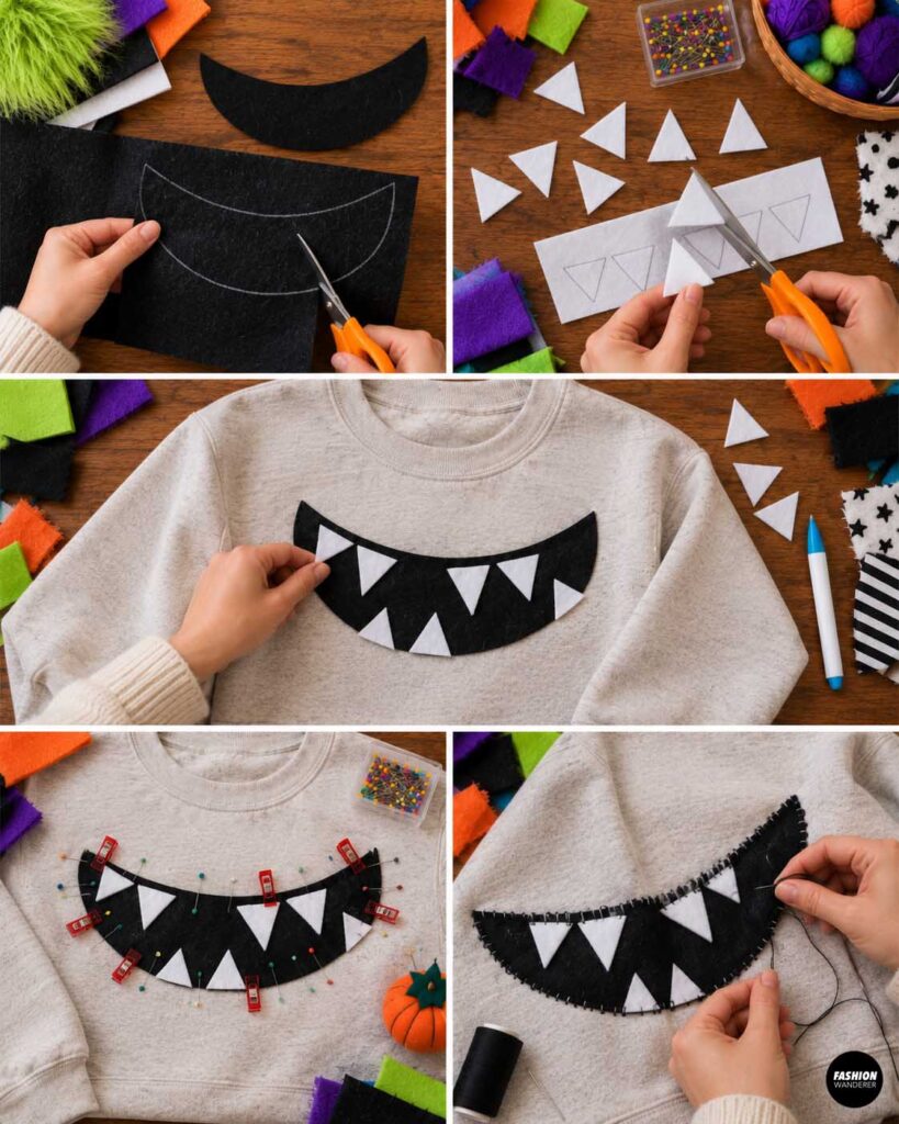 Black felt cut into a wide curved monster mouth, white felt triangles cut into teeth, and the pieces pinned and hand sewn onto the front of the gray sweatshirt.