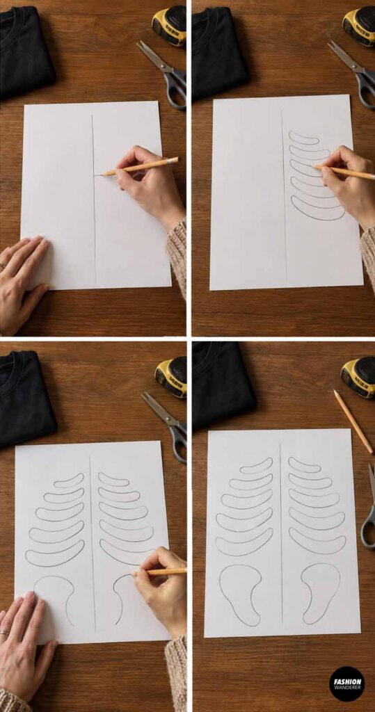 Hand-drawn paper skeleton template with curved rib shapes, spine pieces, and hip bone outlines being sketched for a Halloween T-shirt upcycle.