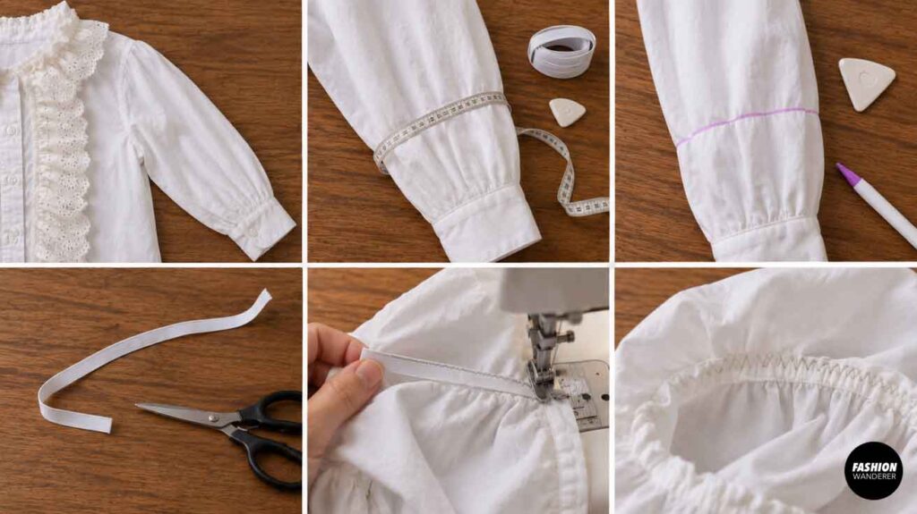 White shirt sleeve measured and marked above the cuff, with elastic sewn around the sleeve to create a gathered Victorian puff sleeve.