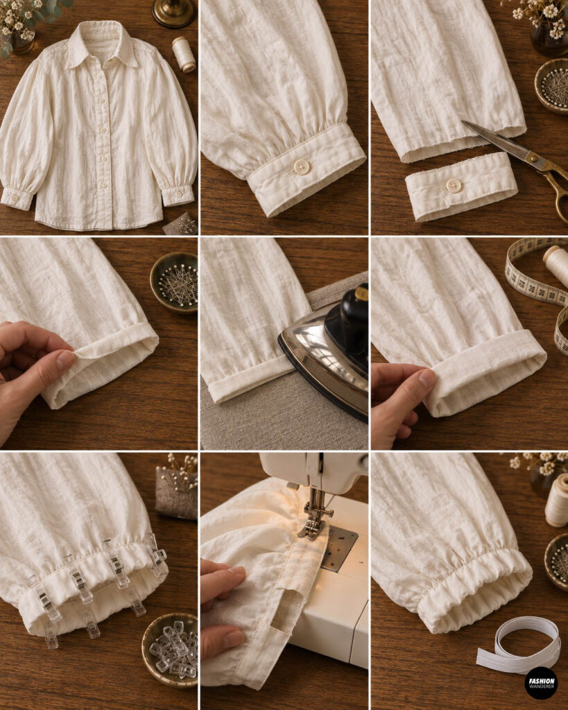 Tutorial collage showing a white shirt sleeve cuff removed, sleeve edge folded and pressed, clipped in place, and sewn to create fuller puffy Victorian-style sleeves.