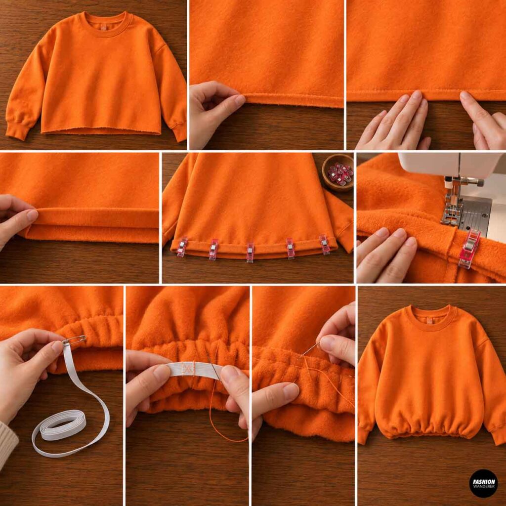 Sewing collage showing the raw hem of an orange sweatshirt folded, stitched, and fitted with elastic to create a gathered balloon hem for a pumpkin costume.