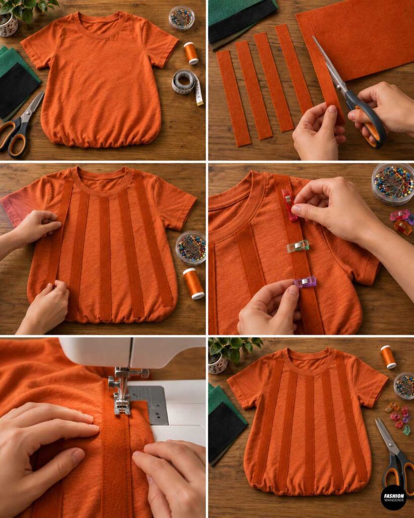 Collage showing an orange T-shirt with gathered hem, narrow orange fabric strips cut and arranged vertically on the shirt, clipped in place, stitched down, and displayed as raised pumpkin-style stripe details on the finished costume.