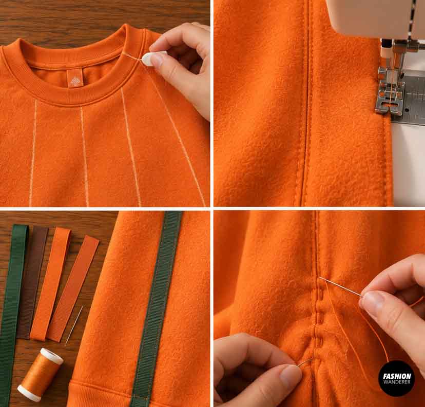 Orange sweatshirt marked with vertical section lines and stitched to create raised pumpkin-like panels for a DIY Halloween pumpkin dress.