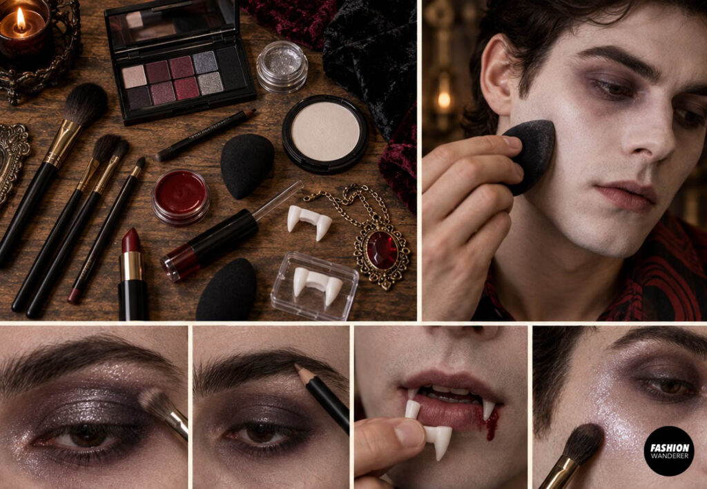 Vampire makeup tutorial collage showing pale face makeup, smoky burgundy eye shadow, eyeliner, faux fangs, dark red lip color, and subtle shimmer for a retro Halloween look.