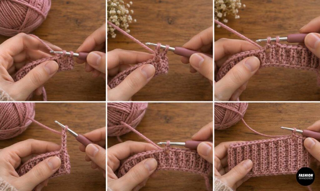 Step-by-step collage showing pink yarn worked into rows to create a textured ribbed crochet rectangle for a fingerless glove.