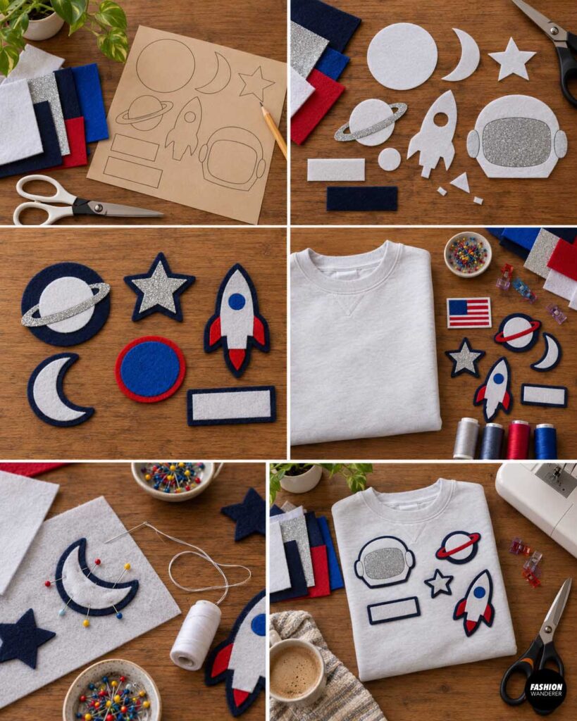 Collage showing paper templates for planets, stars, a rocket, astronaut helmet, moon, and name patch being transferred to colorful felt and assembled into layered space-themed appliqu&eacute;s.