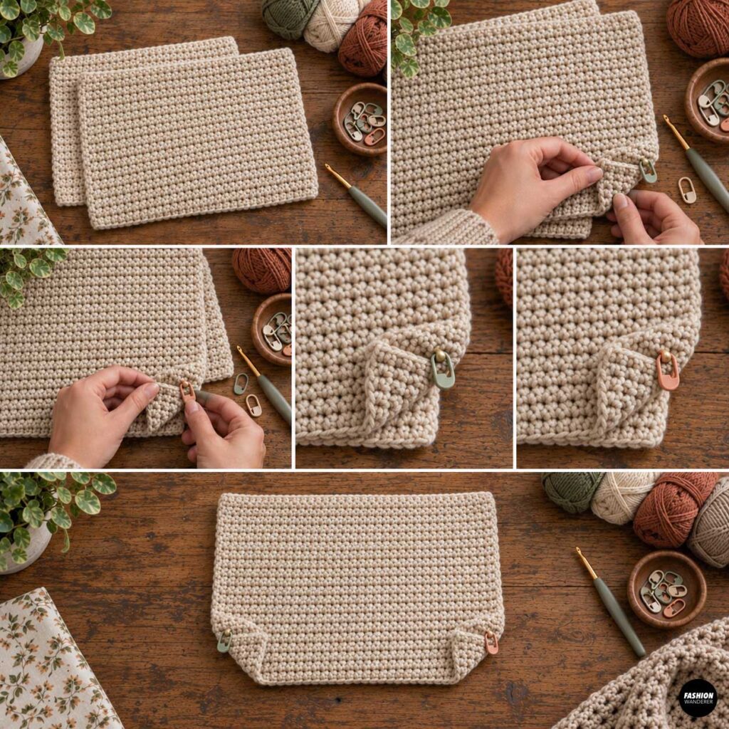 Step-by-step collage showing two crochet bag panels with lower corners folded inward and marked to create a rounded, slouchy bag shape.