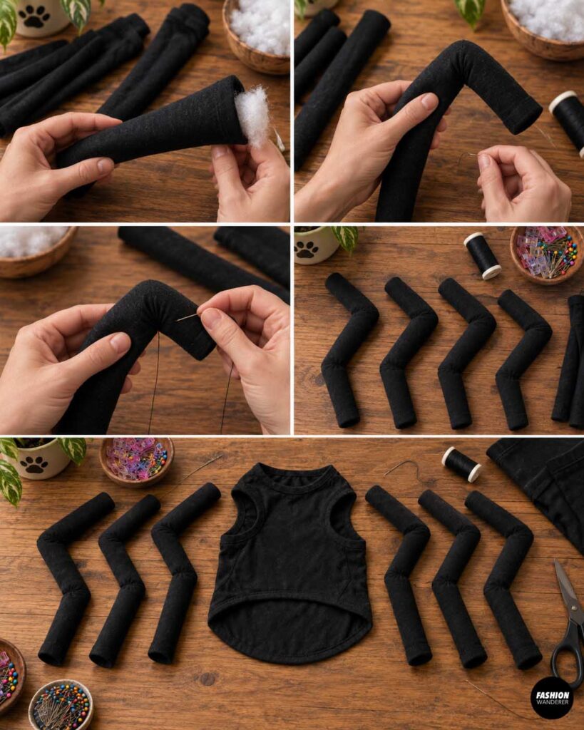 Collage showing stuffed black spider legs bent at the center, hand stitched to hold the angled shape, and arranged around a black dog costume body.