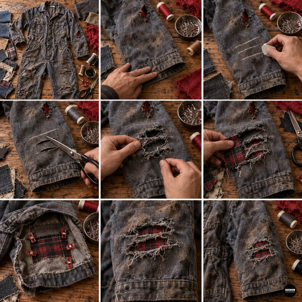 Collage showing how to cut and fray horizontal tears in a mechanic jumpsuit leg, place red plaid fabric behind the openings, and secure it for a rugged zombie costume effect.