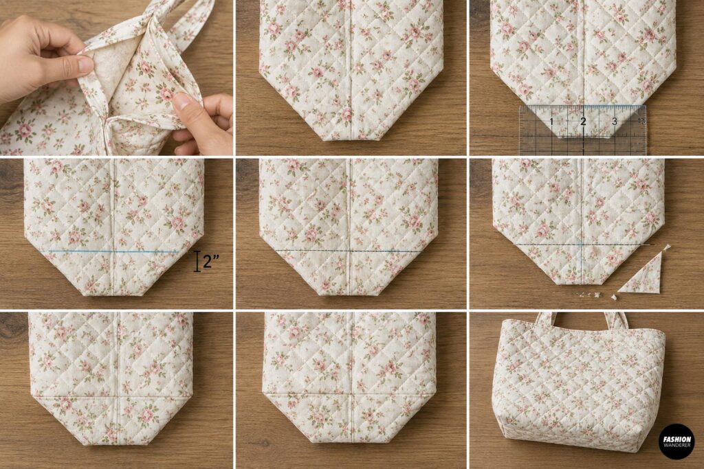 Step-by-step tutorial for creating a boxed bottom on a quilted floral tote bag by measuring, marking, trimming, and sewing the bottom corners.