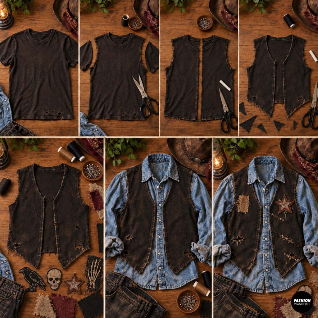 Old dark T-shirt transformed into a rugged sleeveless cowboy vest and layered over a distressed denim western shirt with patch details.