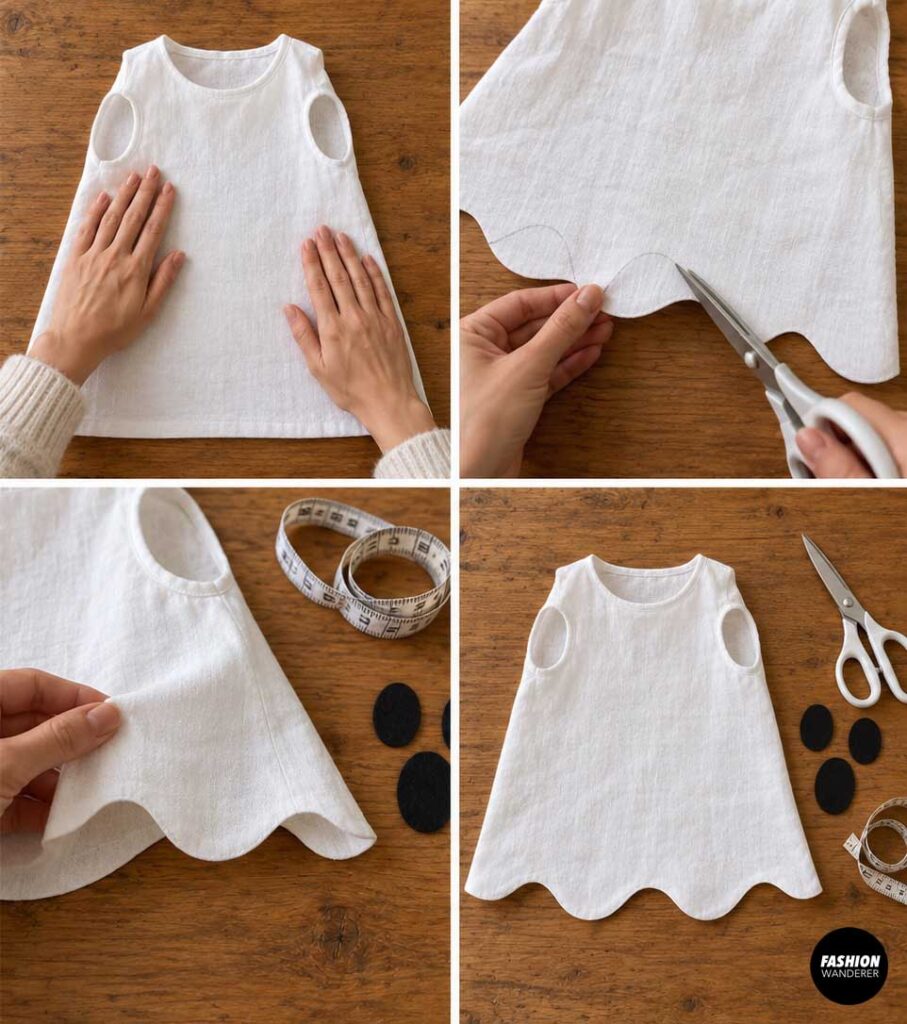 Four-panel tutorial showing the white dog costume laid flat and scalloped curves cut along the hem to create a classic wavy ghost shape.