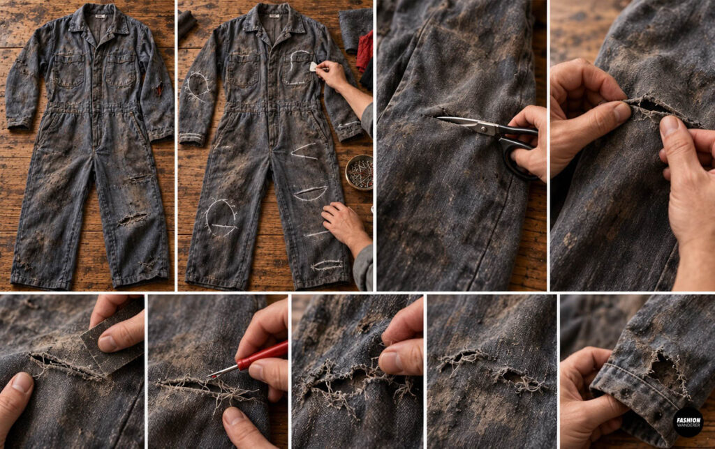 Step-by-step collage showing how to distress a gray mechanic jumpsuit by marking worn areas, cutting small holes, fraying the fabric, and roughing the edges for a zombie costume.