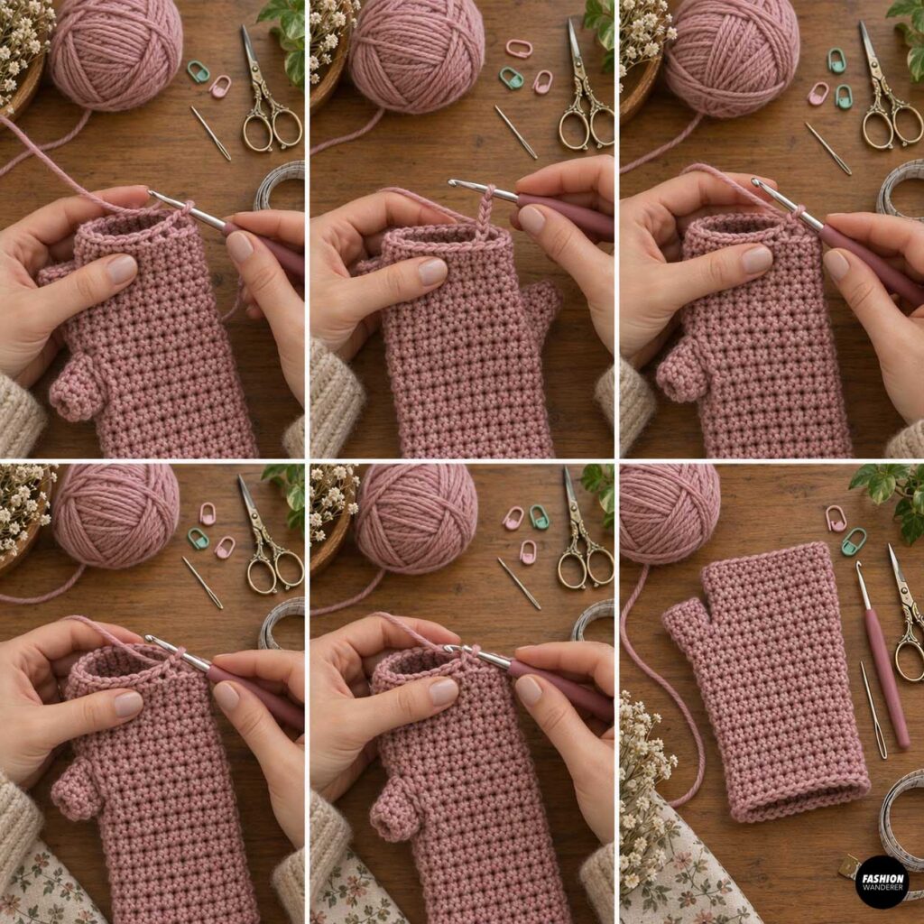 Crochet tutorial collage showing pink yarn and a crochet hook working stitches evenly around the wrist edge of a fingerless glove.
