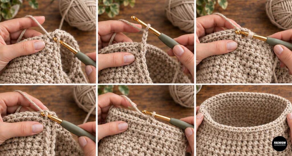 Close-up crochet tutorial showing a neat border being crocheted around the top opening of a beige slouchy shoulder bag.