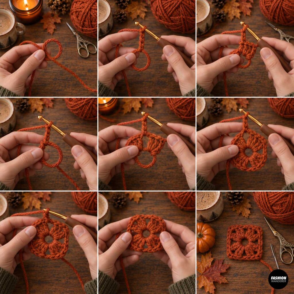 Step-by-step crochet tutorial showing rust orange yarn formed into a magic ring and worked into the first round of a granny square.