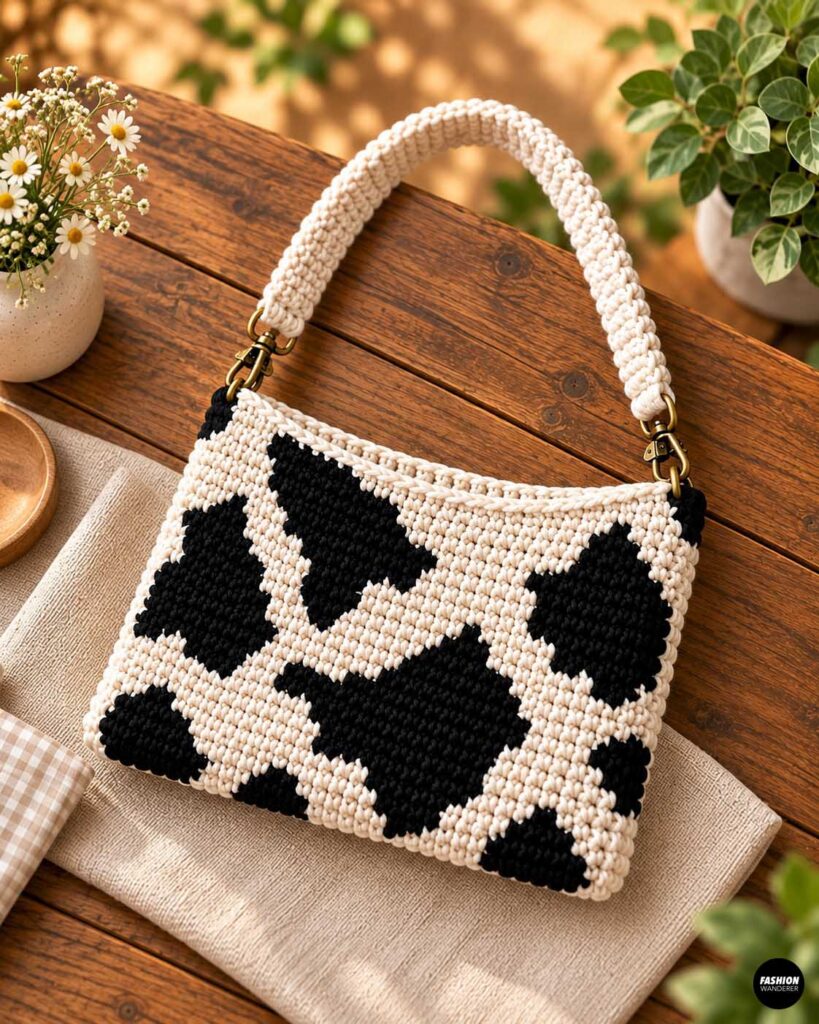 Handmade black-and-cream cow print crochet shoulder bag with a thick crocheted handle and gold-tone hardware, styled on a rustic wooden table with flowers and greenery.