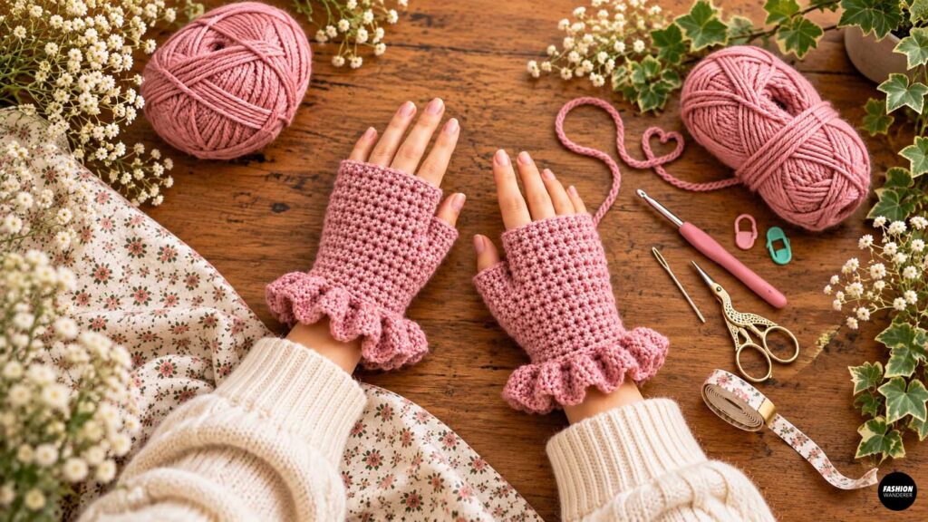 Dusty pink crochet fingerless gloves with feminine ruffle cuffs worn over a wooden craft table, styled with matching yarn, crochet tools, floral fabric, and greenery.
