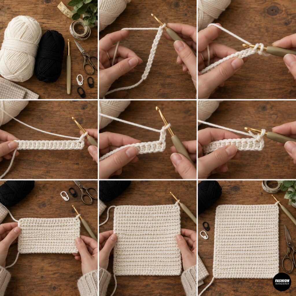 Step-by-step collage showing how to crochet the first cream-colored rectangular panel for a cow print shoulder bag using a crochet hook and yarn.