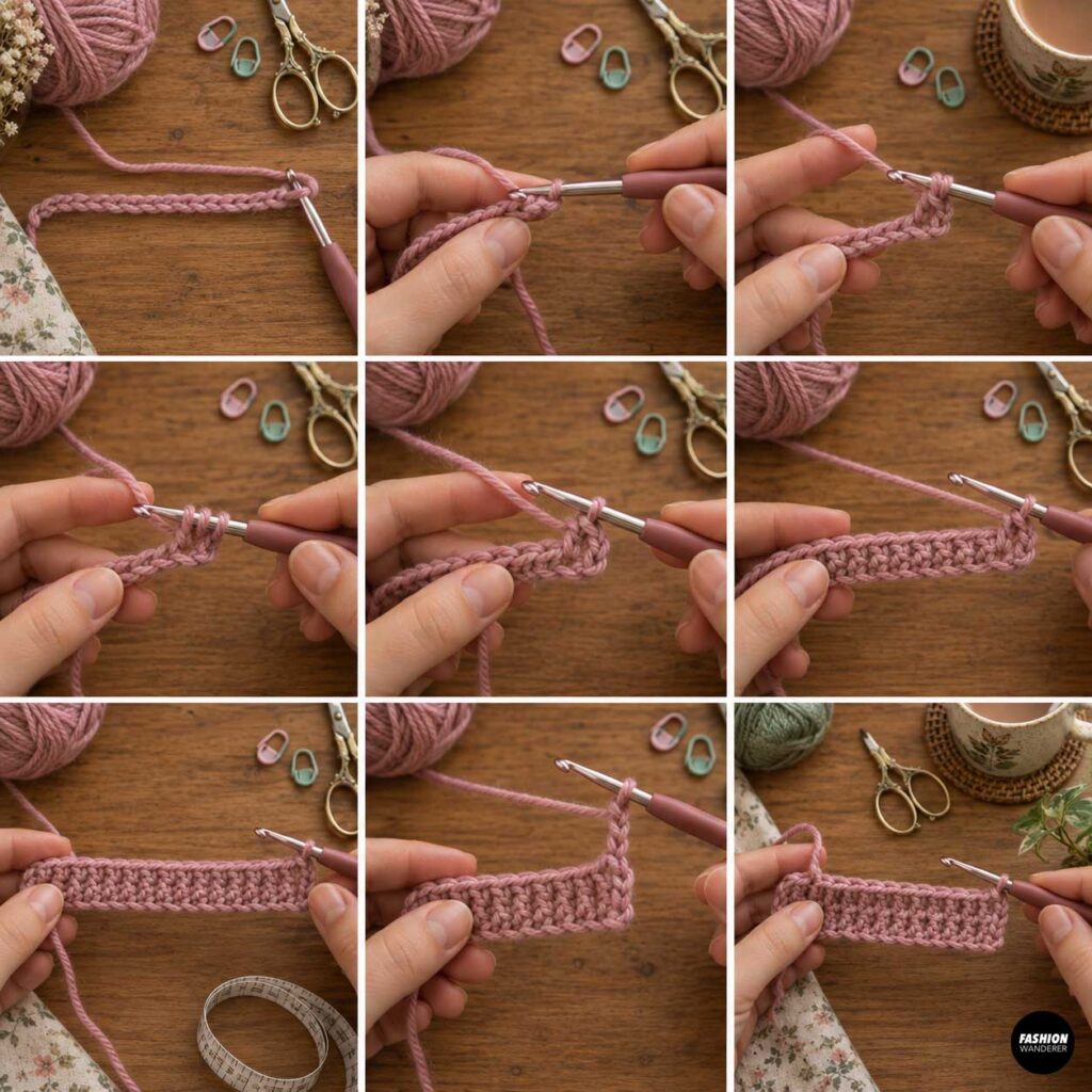 Close-up crochet tutorial collage showing the first row of stitches worked into a pink foundation chain to begin a fingerless glove.