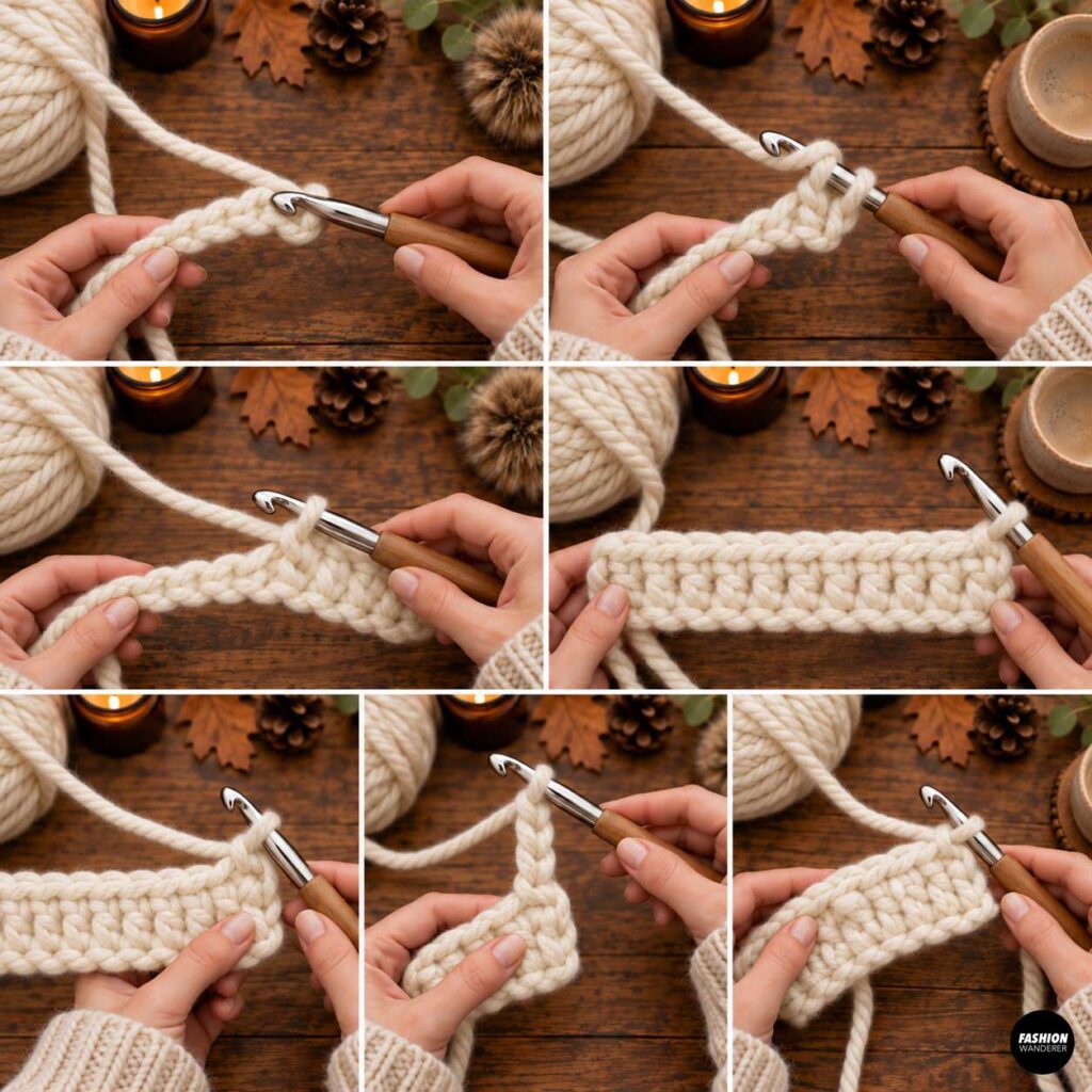Beginner crochet tutorial showing how to work the first rows of a chunky cream scarf using half double crochet stitches.