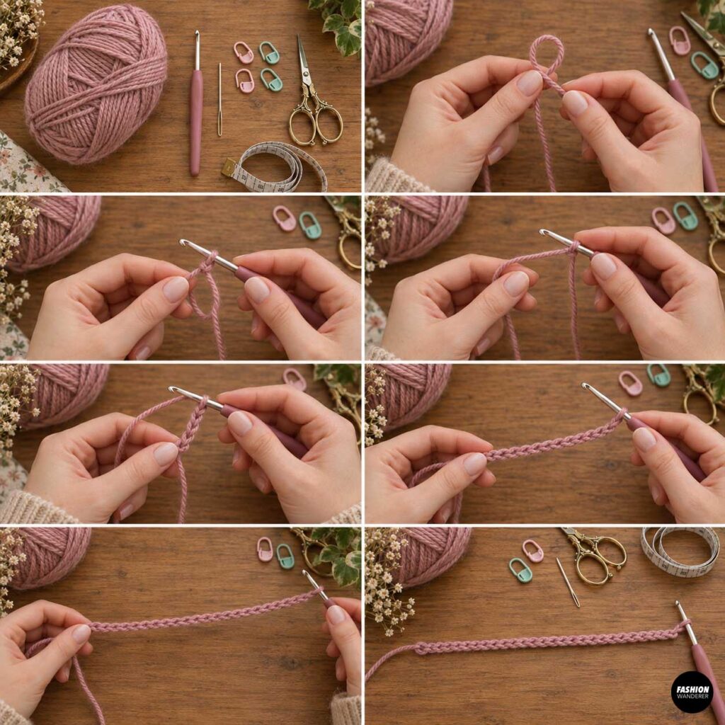 Step-by-step collage showing how to make a slip knot and crochet the foundation chain with dusty pink yarn and a crochet hook.