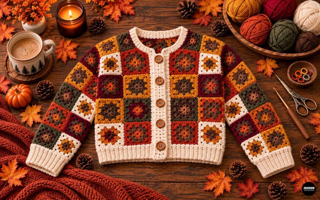 Colorful granny-square cropped crochet cardigan in warm fall shades of rust, mustard, burgundy, olive, brown, and cream, surrounded by yarn, autumn leaves, pinecones, and a cozy drink.