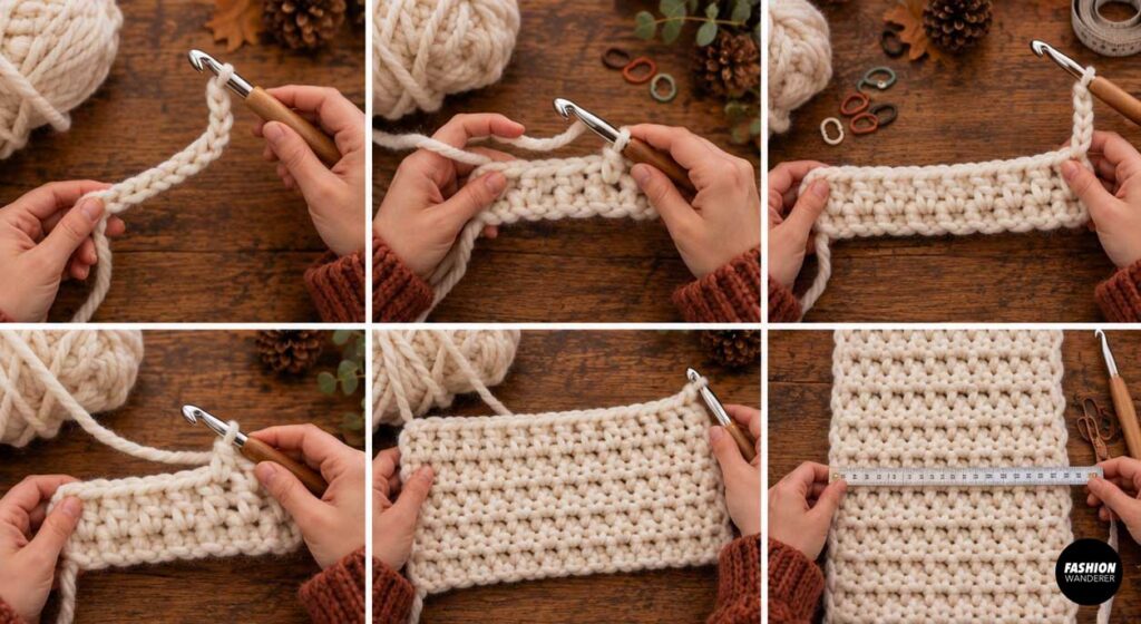 Step-by-step photos showing how to crochet a rectangular hood panel with cream super bulky yarn and measure the finished panel.