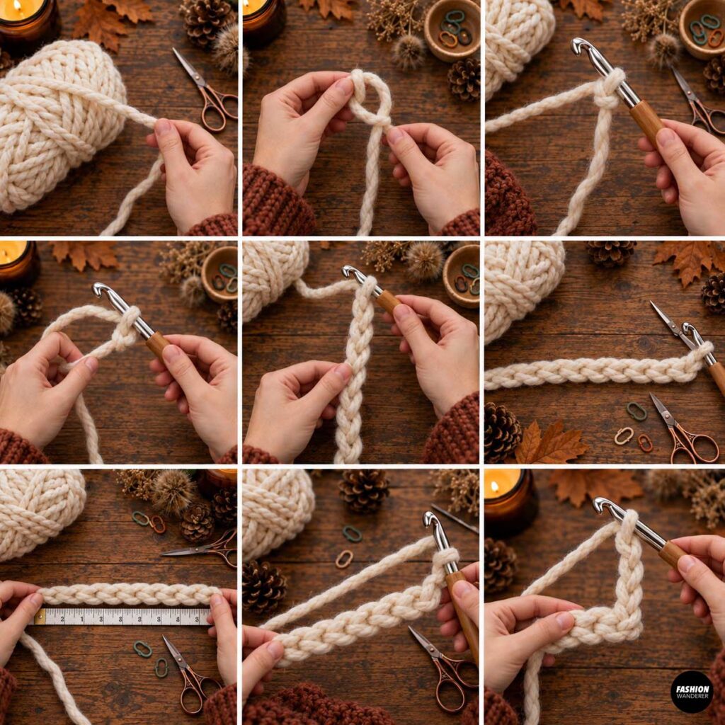 Step-by-step photos showing how to crochet a foundation chain with cream super bulky yarn and a large crochet hook.