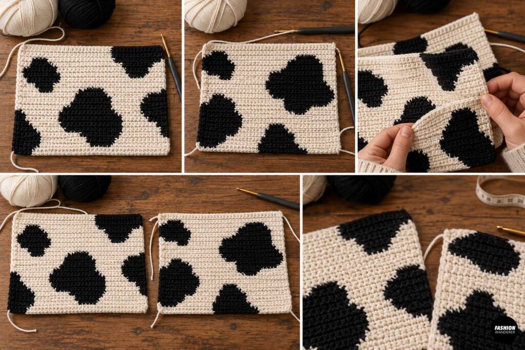 Two finished black and cream cow print crochet panels shown side by side, with hands comparing the panels before assembling the shoulder bag.
