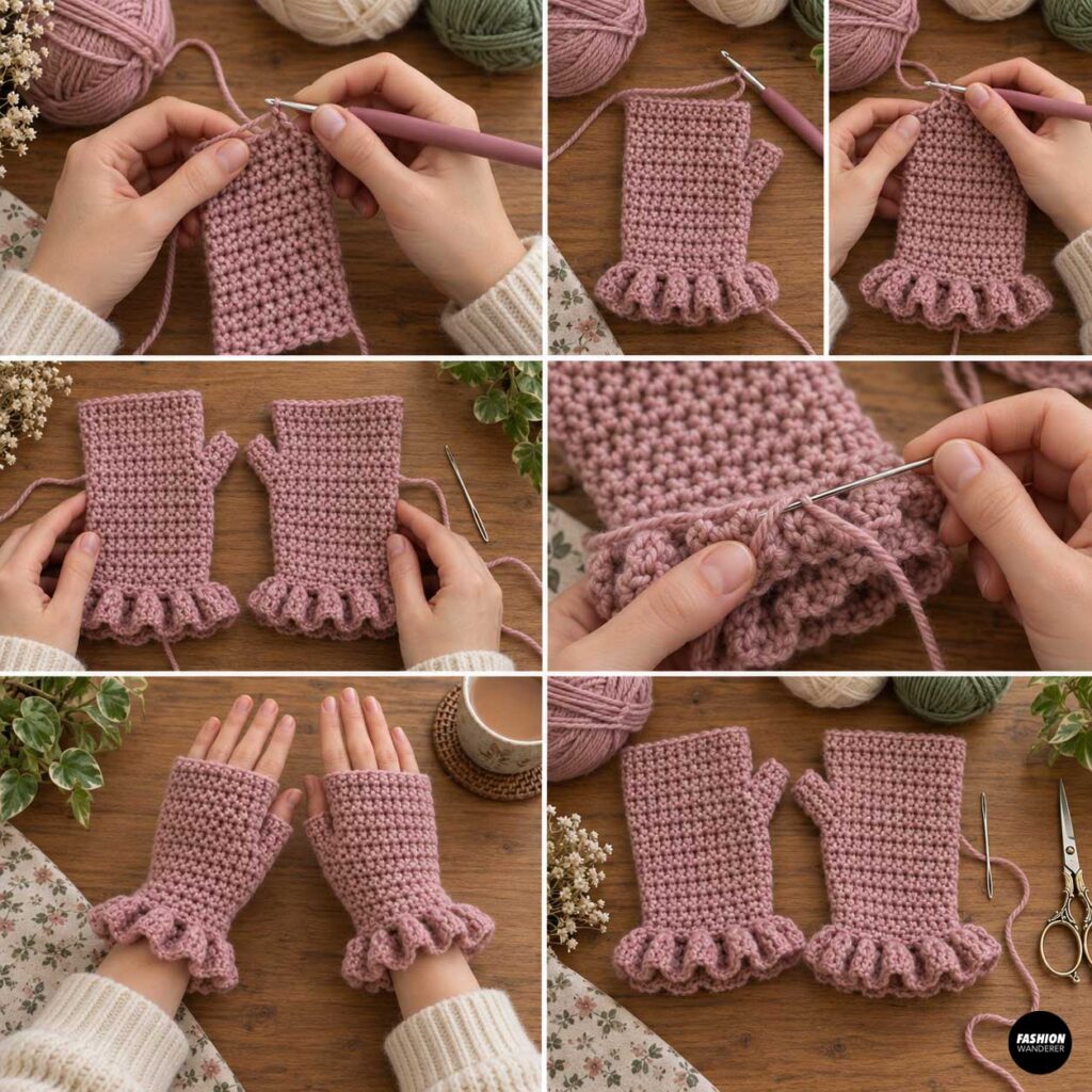 Crochet tutorial collage showing the second pink fingerless glove being completed, finished as a matching pair with ruffled wrist cuffs.