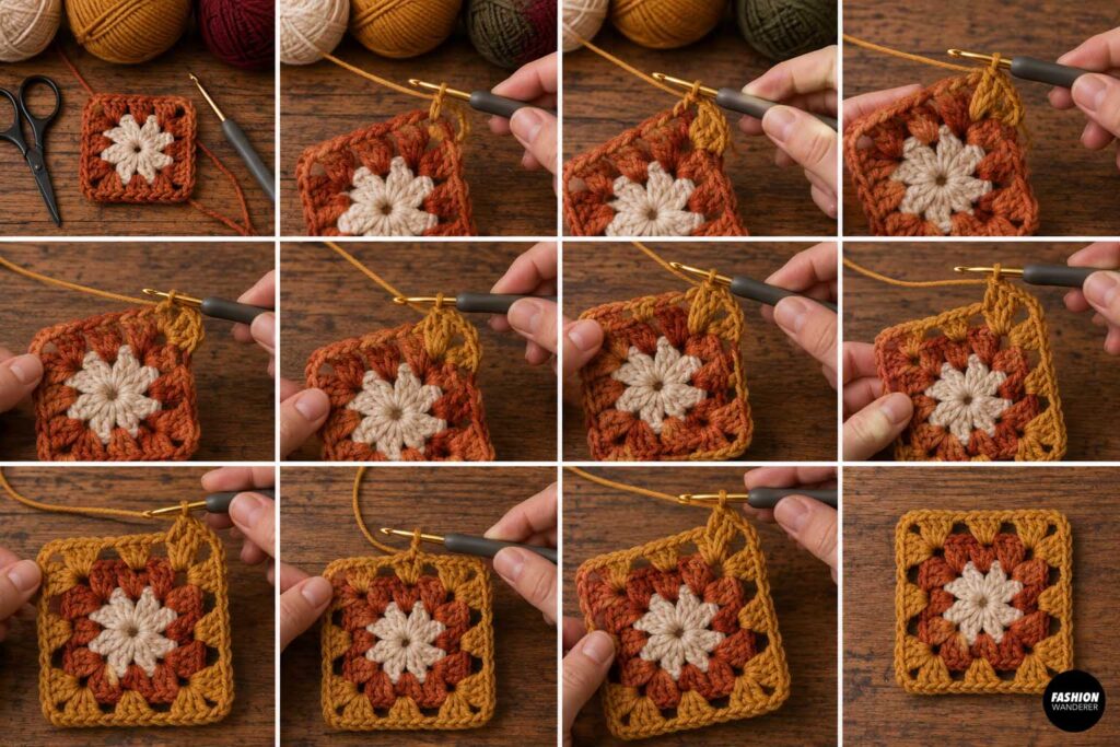 Step-by-step granny square crochet tutorial showing mustard yellow yarn worked around a cream and rust center to create the second colorful round.