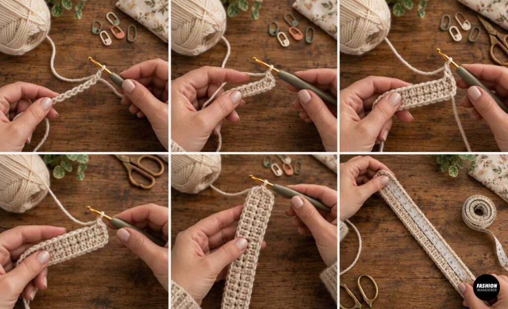 Step-by-step collage showing a beige crochet shoulder strap made in rows and measured for the slouchy crochet bag.