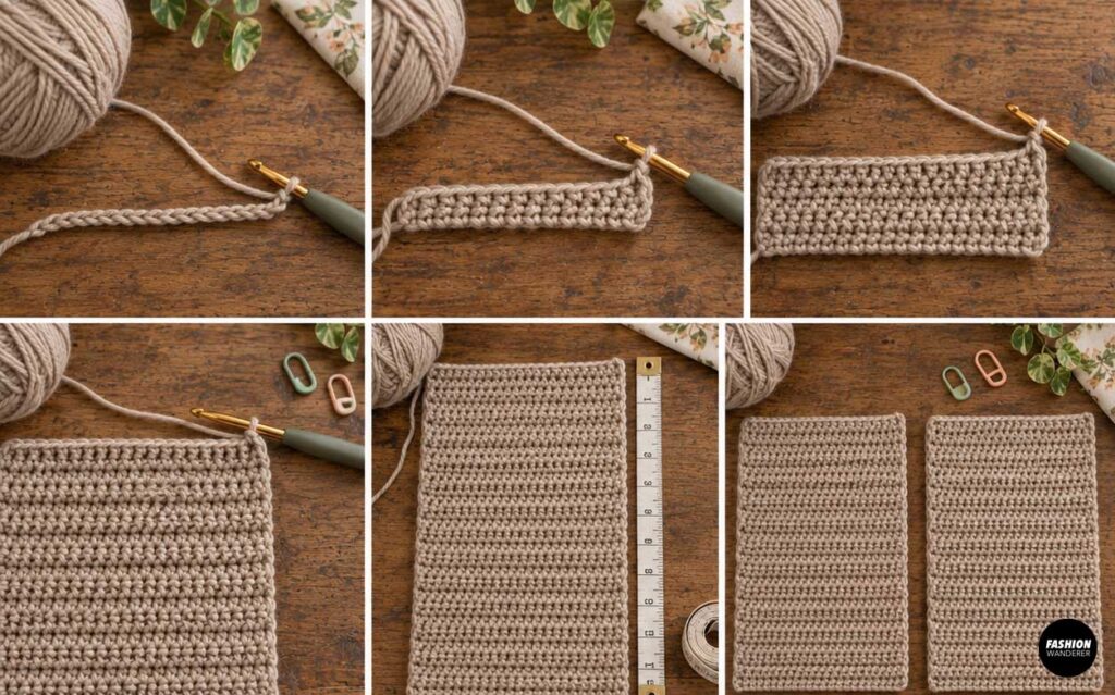 Crochet tutorial collage showing the back panel worked from a foundation chain into a rectangular beige crochet piece matching the front panel.