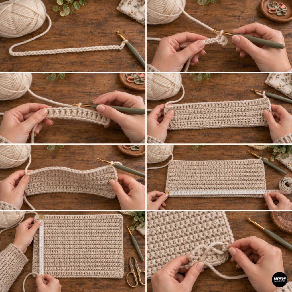 Step-by-step collage showing a beige crochet front bag panel being worked in rows, measured, and finished on a wooden table.
