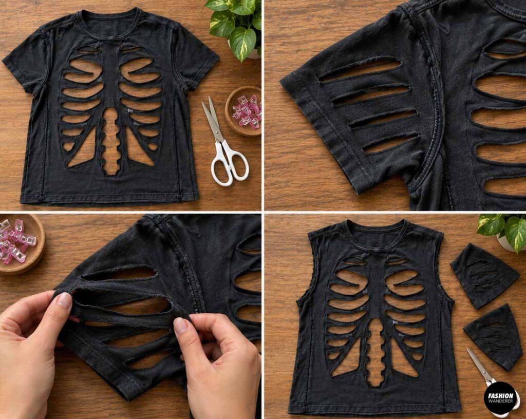 Black skeleton cutout T-shirt with additional slit details being added to the sleeves before trimming them into a sleeveless Halloween top.