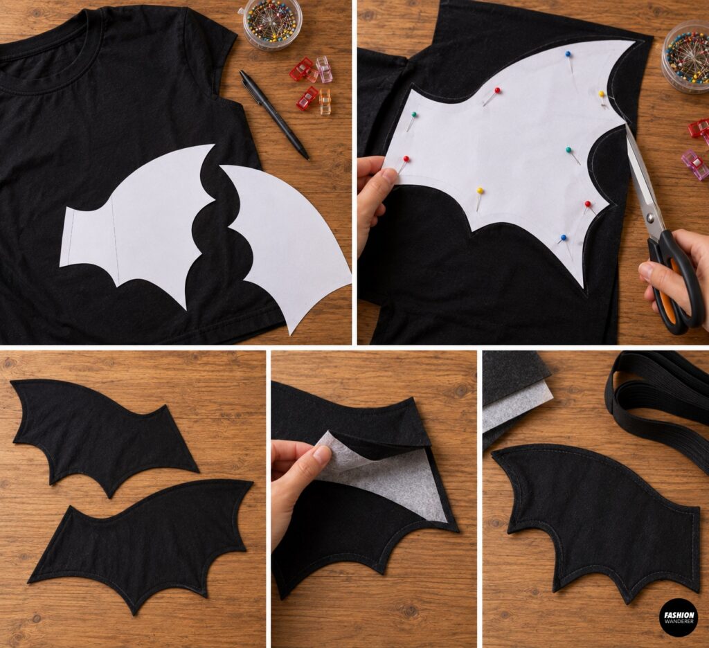 Collage showing paper bat wing templates positioned on black T-shirt fabric, pinned in place, cut out, and layered to create matching fabric bat wings.