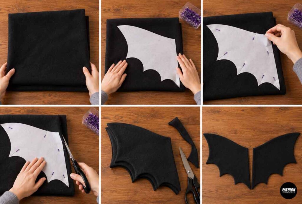 Paper bat wing pattern pinned to folded black fabric and cut with scissors to create two matching fabric wings for a hoodie costume.
