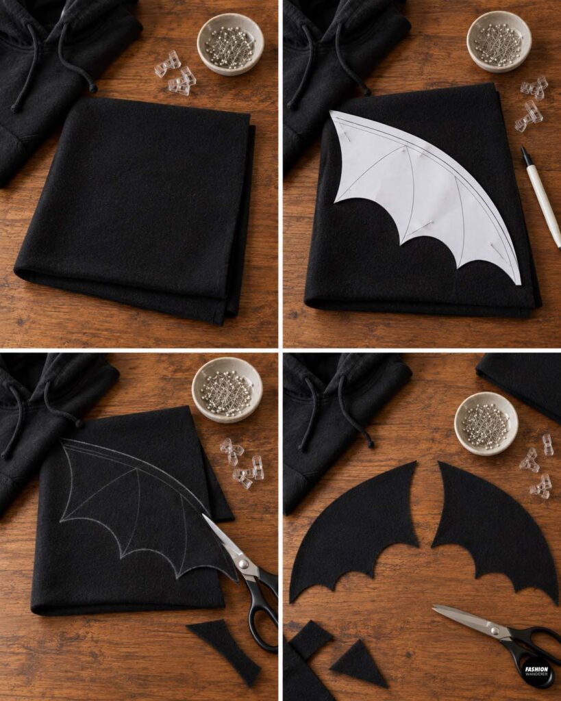 Black fabric folded on a wooden table with a paper bat wing template pinned in place, traced, and cut to create two matching fabric bat wings.
