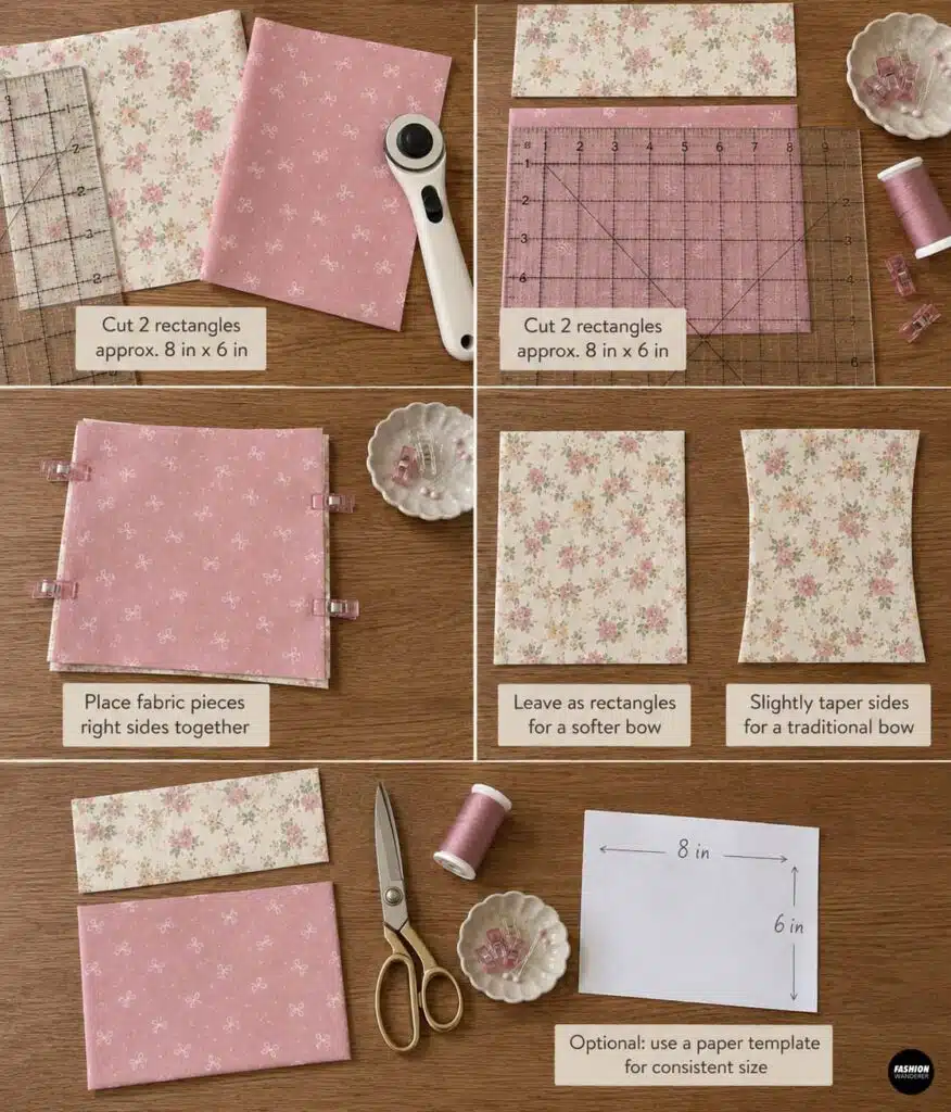 Collage showing pink bow-print and cream floral fabric being measured and cut into approximately 8 x 6 inch rectangles for a DIY puffy fabric bow, with options for straight or slightly tapered sides.