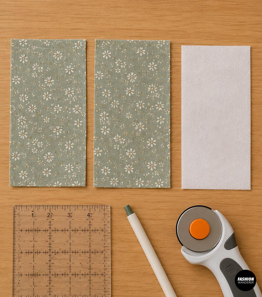 Cut floral cotton fabric and interfacing pieces for a DIY fabric cord organizer using a ruler, fabric marker, and rotary cutter.