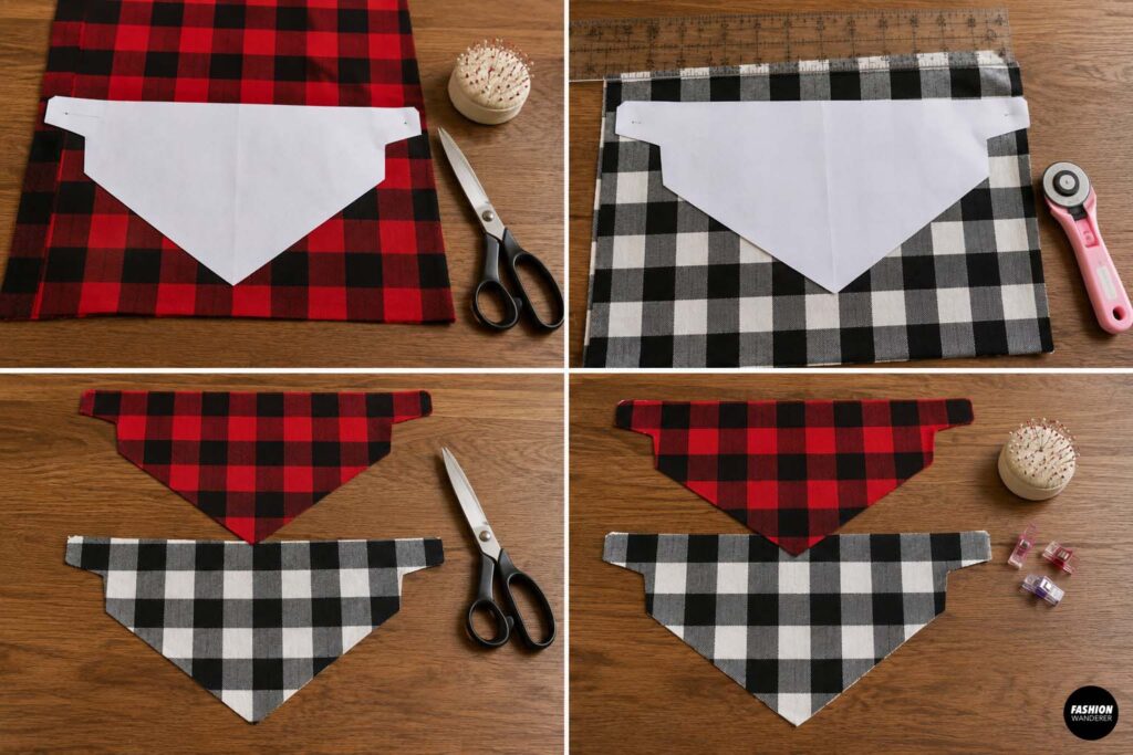 Red buffalo plaid and black-and-white plaid fabric being cut with a paper dog bandana pattern to create two coordinating pieces for a reversible bandana.