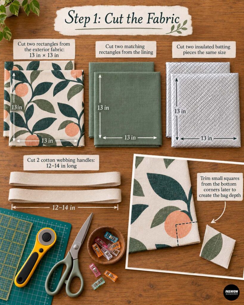 Lunch bag sewing tutorial showing two 13 x 13 inch exterior fabric pieces, matching lining pieces, insulated batting, cotton webbing handles, and boxed corner markings on a wooden work surface.
