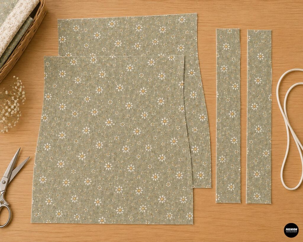 Sage green floral fabric pieces, handle strips, and elastic cut and arranged on a wooden table for a DIY reading pillow sewing tutorial.