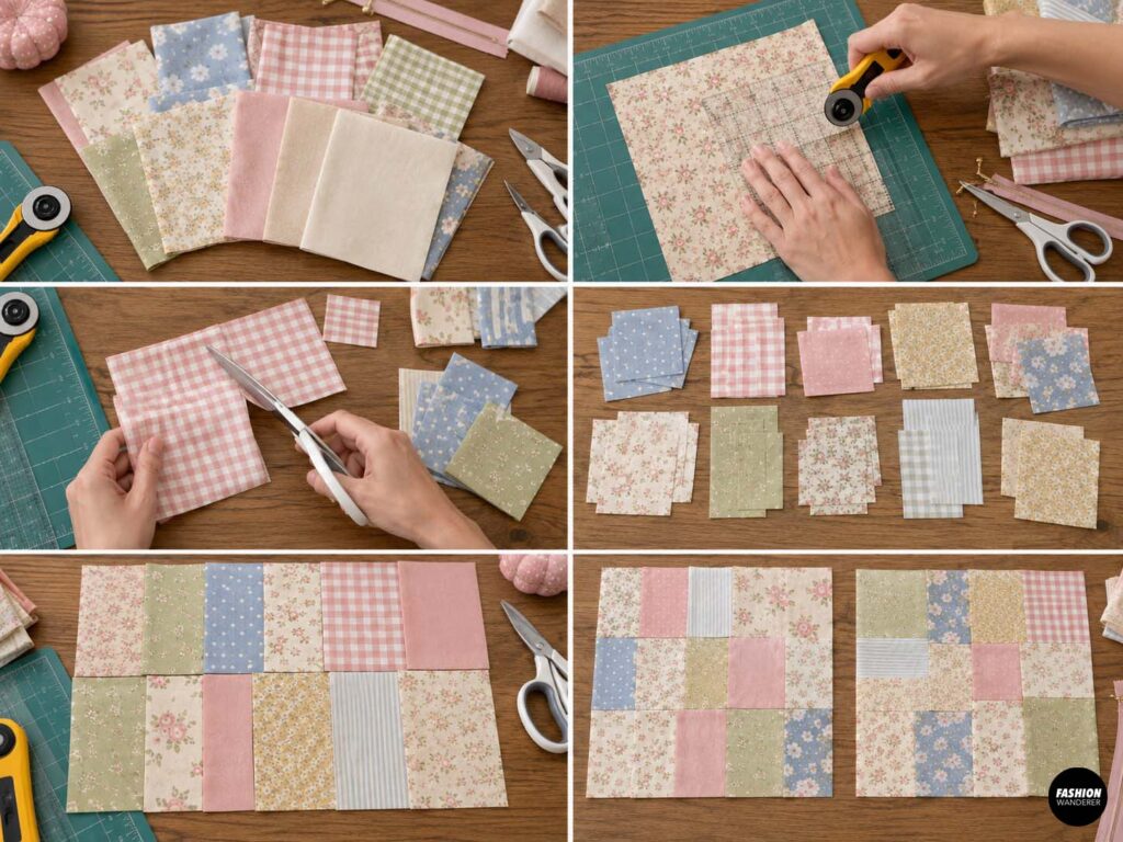 Pastel floral, gingham, polka-dot, and striped cotton fabric scraps being measured, rotary cut, trimmed with scissors, and arranged into patchwork pieces for a DIY ruffle zipper pouch.