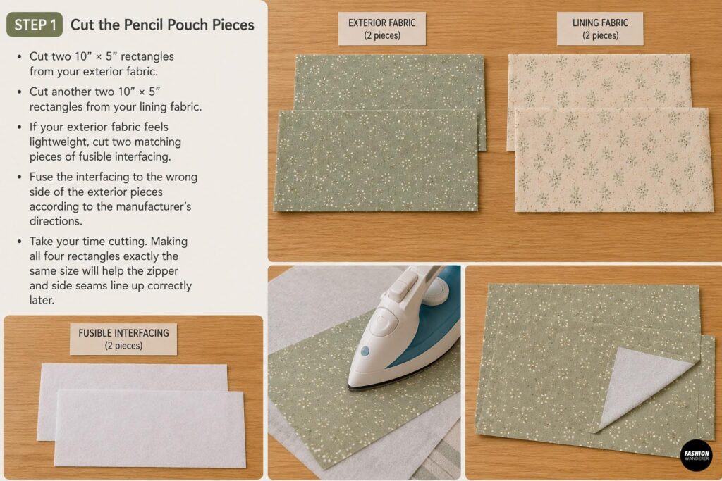 Step-by-step DIY pencil pouch tutorial showing sage floral exterior fabric, cream floral lining and fusible interfacing cut into rectangles before sewing.