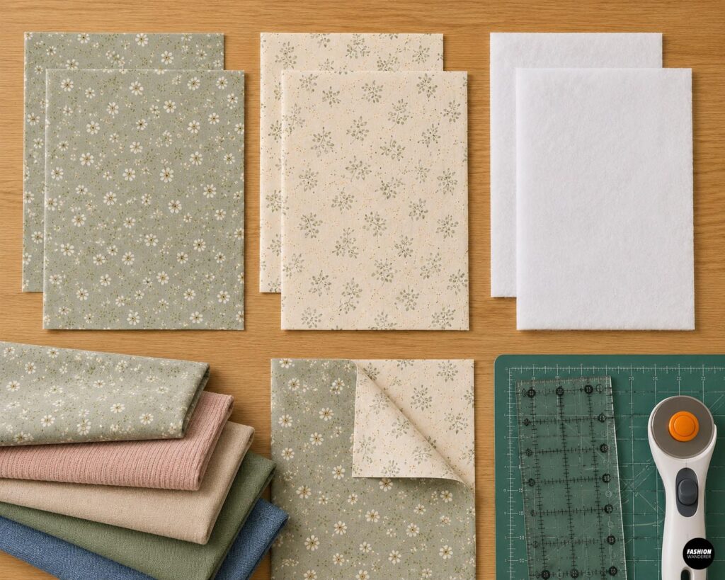 Sage green floral outer fabric, cream floral lining, and batting cut into rectangles for a DIY padded book sleeve sewing tutorial.